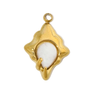 Detail of a gold-plated stainless steel teardrop pendant with white natural stone