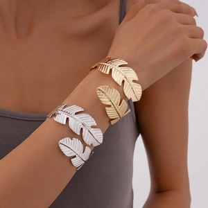 Minimalist metallic feather open cuff bracelet for women in gold and silver finish