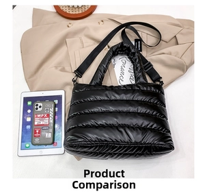 Detail of black quilted puffy tote bag featuring glossy fabric and adjustable strap