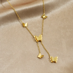 Gold-plated stainless steel Y-shaped necklace with five minimalist 3D butterfly pendants