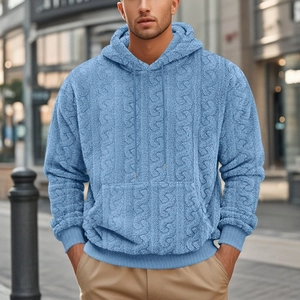 Detail of light blue men's fleece hoodie featuring thick cable knit texture and warm hood