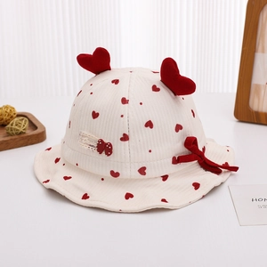 Chapeau Bob Bébé Fille Velours Coton Imprimé Coeur Oreilles Mignonnes Nœud Mentonnière Coupe-Vent Chapeau Soleil Nourrisson Doux