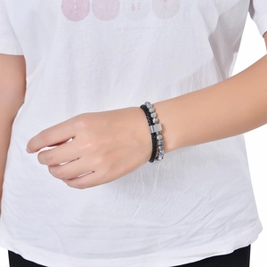 Men's double-layer bracelet with grey stone beads, black braided leather, and steel clasp