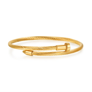 Golden stainless steel cable twisted bangle with nail head open ends design