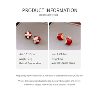 Detailed size and material guide for red flower and bitten apple stud earrings