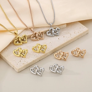 18K gold plated double heart jewelry set with necklaces and earrings in three colors