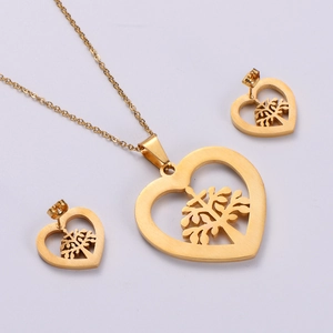 Golden Tree of Life heart pendant necklace and stud earrings set for women