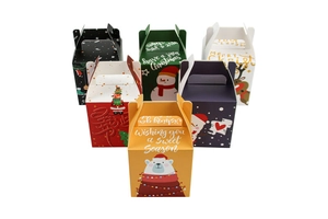 Détails de boîtes cadeaux de Noël colorées avec des motifs festifs et poignées de transport