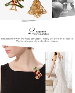 Detail of Christmas tree and stocking brooches with colorful enamel and gold finish
