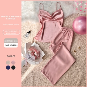 Pyjama En Imitation Satin Satinée Pour Femmes Débardeur Sans Manches Col V Et Pantalon Long Vêtement De Nuit Respirant