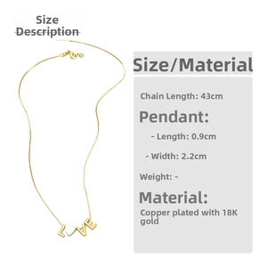 Close-up of 18K gold-plated LOVE pendant with heart-shaped O and detailed size chart