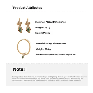 Detailed close-up of gold snake jewelry set with sparkling rhinestones and green accents