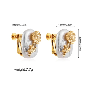 Detailed views of gold flower baroque pearl clip earrings with size and weight specs