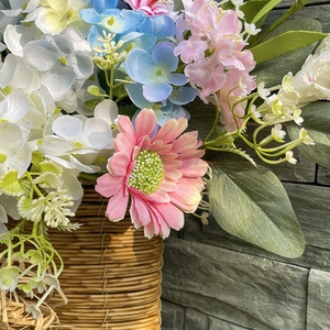 Spring tulip door basket wreath with multi-color artificial flowers and woven rattan