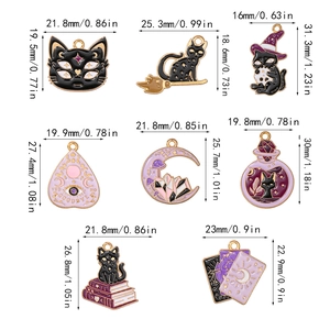 8Pcs purple magic cat tarot alloy enamel charms set with detailed size measurements