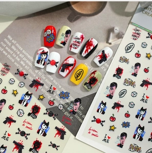 Detail of pop art nail stickers featuring comic style graffiti and retro punk elements