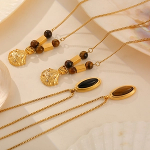 French Vintage Tiger Eye Shell Pendant Necklace Titanium Steel Black Glass Zirconia Jewelry For Women Elegant Gift