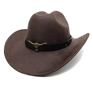 Brown western cowboy hat with golden bull head metal buckle and black leather band