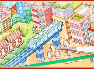Detailed macro view showing a cat sticker being placed on a 3D city scrapbook page
