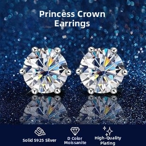 Detailed close-up of S925 silver stud earrings featuring D-color moissanite in crown setting