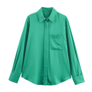 Women Long Sleeve Satin Blouse Shirt Lapel Collar Button Up With Pocket Solid Color Elegant Office Casual Top