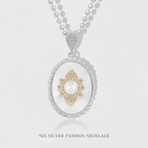 925 Sterling Silver Necklace With Oval Mother Of Artificial Pearl Pendant Vintage French Style Artificial Pearl Zircon Jewelry For Women
