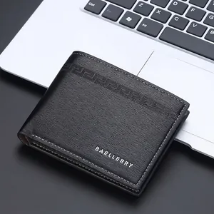 Slim men's bifold leather wallet with Greek pattern embossing and metal logo detail