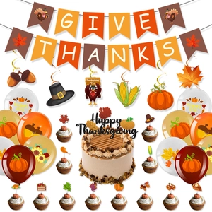 Kit complet de déco Thanksgiving avec bannières, ballons de feuilles d'érable et cake toppers