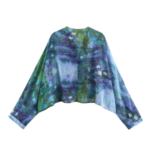 Damen Chiffonbluse mit Ölgemälde-Print und locker geschnittenen Fledermausärmeln
