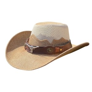 Western cowboy hat with white mesh top and brown woven brim featuring a bull badge