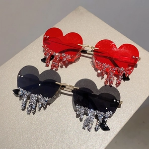 Fashion heart shaped rimless sunglasses with rhinestone water drop crystals and metal frame