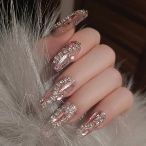 Pink glitter long trapezoid press-on nails with luxury rhinestones and jewels