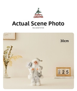 Detailed view of 30cm silver Santa doll with plush fabric and a lantern ornament