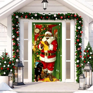 Christmas door banner featuring Black Santa and black Labrador by a festive cottage entry