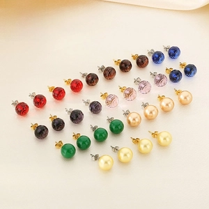 Round Ball Stud Earrings Stainless Steel Faceted Glass Crystal Imitation Artificial Pearl Trendy Minimalist Jewelry For Women