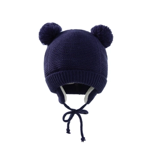 Dunkelblaue Strickmütze für Babys mit zwei Bommeln und warmem Fleece-Innenfutter