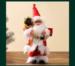 Detail of 9-inch standing Santa Claus figurine with red sequins and pine cone accessories