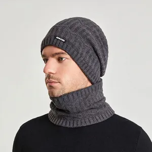 Winter thermal knit beanie hat and neck warmer set in dark grey with ribbed texture