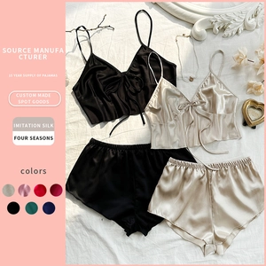Pyjama Femme Camisole Et Short Satin Sensation Satin Col V Bretelles Réglables Noeud Loungewear Élégant Doux