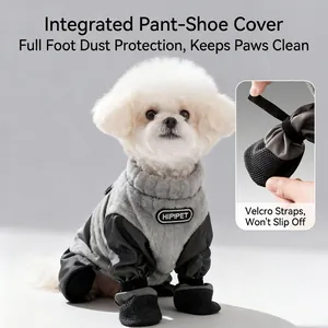 Winter waterproof dog bodysuit with integrated boots for small dogs in gray and black