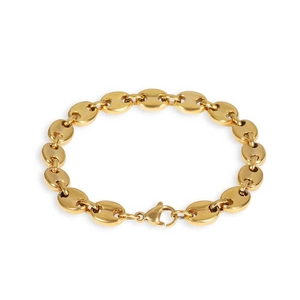 Polished 8mm gold stainless steel coffee bean link chain bracelet with lobster clasp