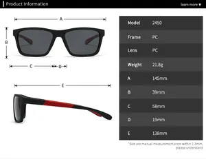 Detailed technical specification chart for men's polarized sunglasses model 2450