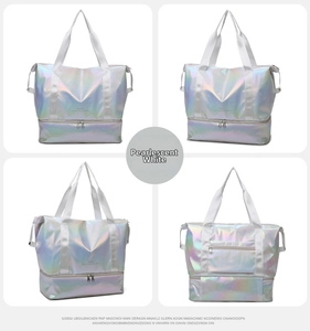 Pearlescent white travel bag with separate bottom shoe compartment and waterproof material