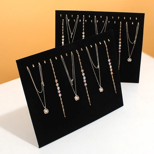 Black Velvet Necklace Display Board Jewelry Stand With Gold Metal Hooks Standing Countertop Organizer For Bracelets