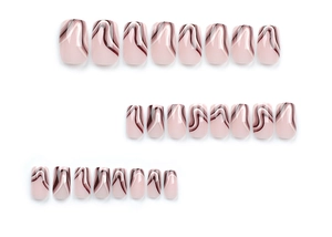Detailed set of 24 square fake nails with pink base and brown wavy line patterns