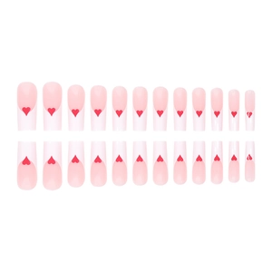 Faux ongles longs forme cercueil style French rose avec motifs cœur rouge 24pcs