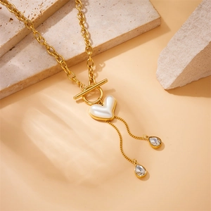 Gold stainless steel heart pendant necklace with OT clasp and crystal tassels on stone