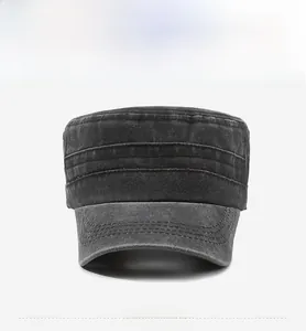 Detailed front view of a dark grey washed cotton flat top military cap with fine stitching