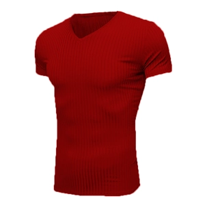 Detail of red men's v-neck t-shirt featuring a vertical ribbed knit texture