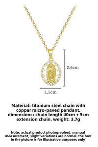 Detailed size chart of oval Virgin Mary pendant necklace with cubic zirconia measurements